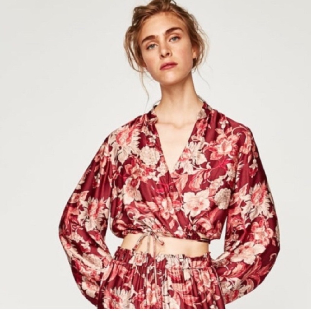 Zara Crop Wrap Front Tie Floral Blouse with Puffy Sleeves Size S - Picture 1 of 11